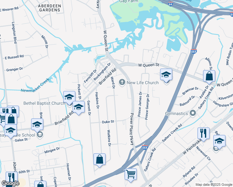 map of restaurants, bars, coffee shops, grocery stores, and more near 1675 Princess Street in Hampton