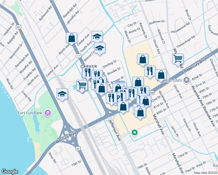 map of restaurants, bars, coffee shops, grocery stores, and more near 6103 Amherst Avenue in Newport News