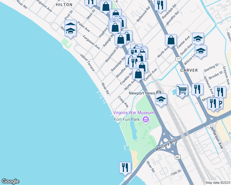 map of restaurants, bars, coffee shops, grocery stores, and more near 24 Franklin Road in Newport News