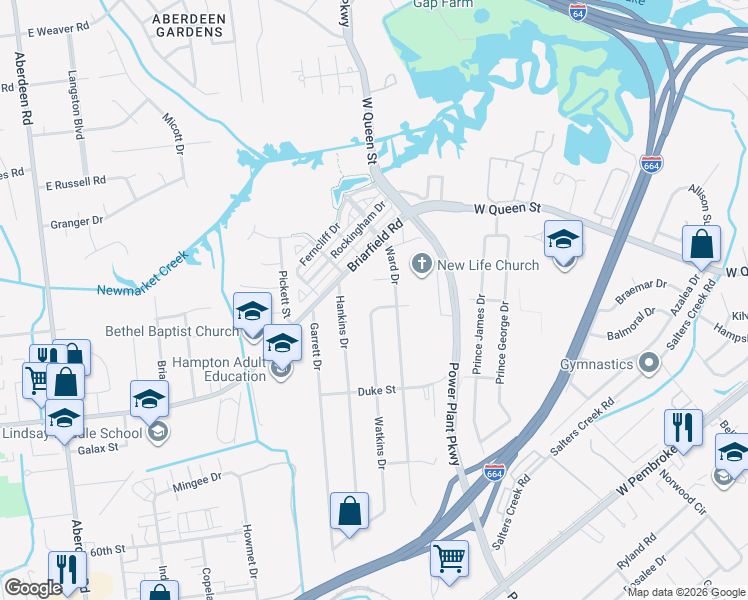 map of restaurants, bars, coffee shops, grocery stores, and more near 1667 Princess Street in Hampton