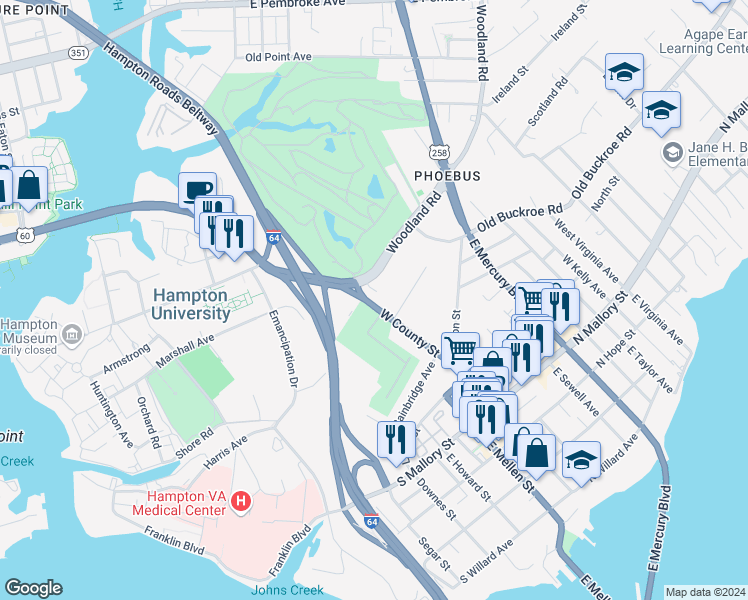 map of restaurants, bars, coffee shops, grocery stores, and more near 110 West County Street in Hampton
