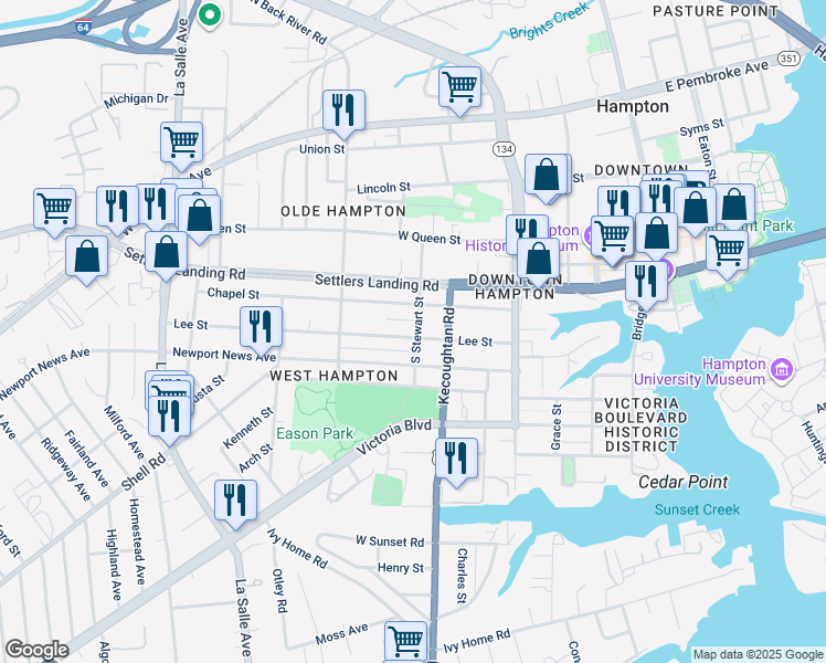 map of restaurants, bars, coffee shops, grocery stores, and more near 400 Lee Street in Hampton