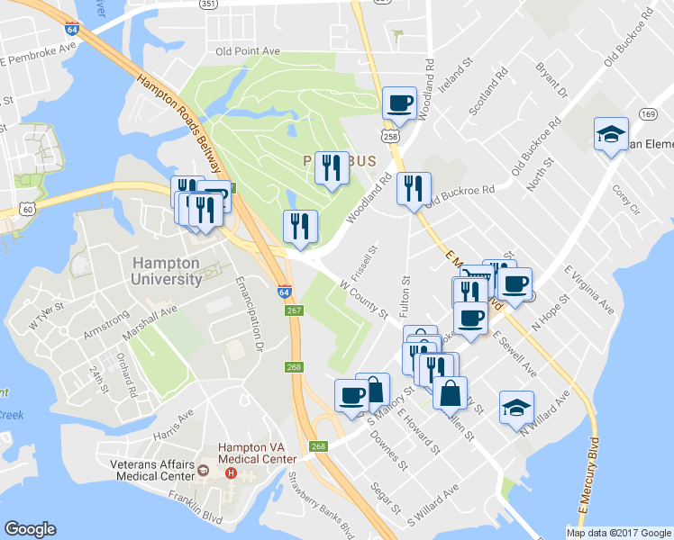 map of restaurants, bars, coffee shops, grocery stores, and more near 106 West County Street in Hampton