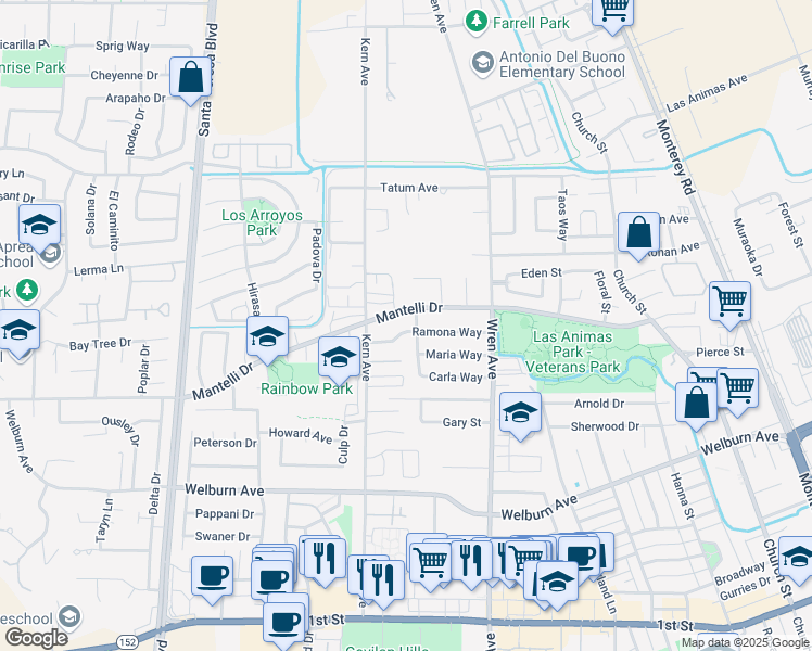 map of restaurants, bars, coffee shops, grocery stores, and more near 807 Ramona Way in Gilroy