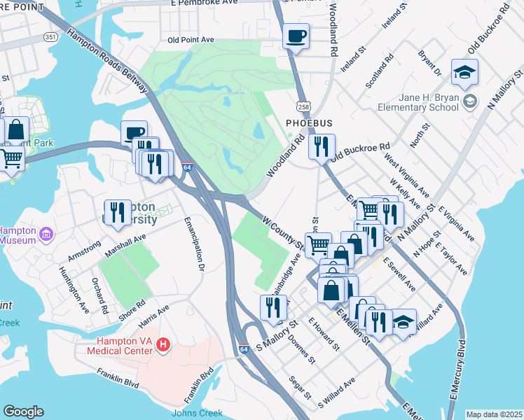 map of restaurants, bars, coffee shops, grocery stores, and more near 106 West County Street in Hampton
