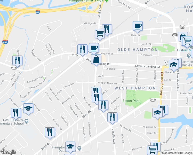 map of restaurants, bars, coffee shops, grocery stores, and more near 709 Lee Street in Hampton