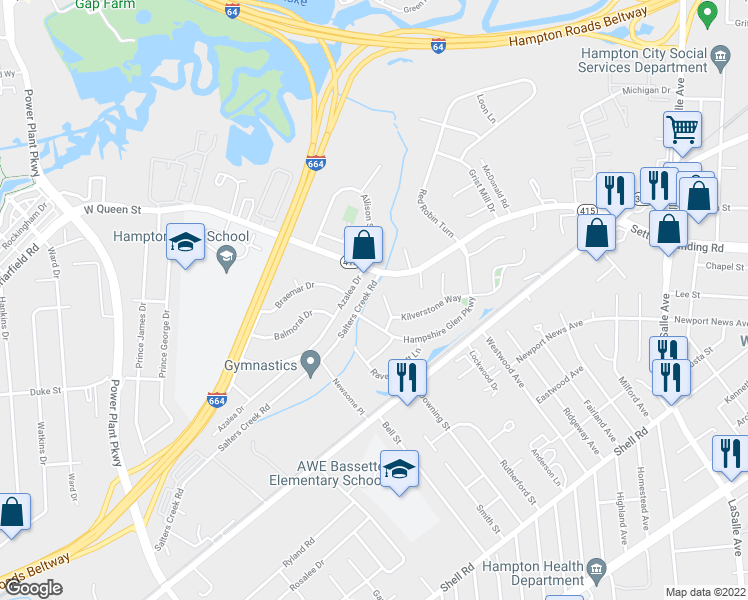 map of restaurants, bars, coffee shops, grocery stores, and more near 10 Dillingham Court in Hampton