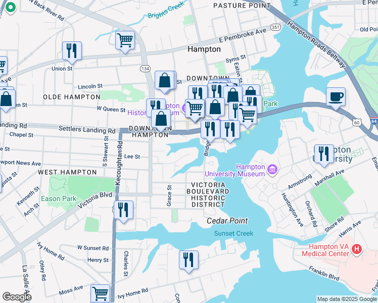map of restaurants, bars, coffee shops, grocery stores, and more near 122 Meredith Street in Hampton
