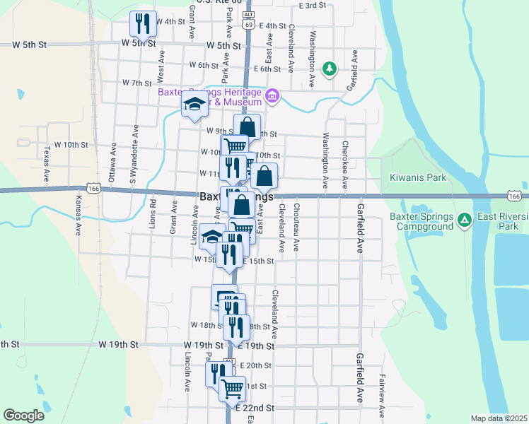 map of restaurants, bars, coffee shops, grocery stores, and more near 1238 East Avenue in Baxter Springs