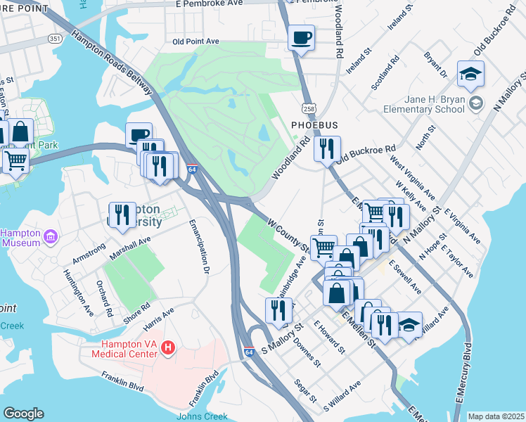 map of restaurants, bars, coffee shops, grocery stores, and more near 110 West County Street in Hampton