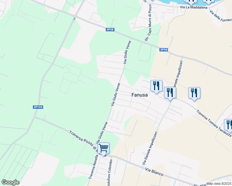 map of restaurants, bars, coffee shops, grocery stores, and more near 66 Via Olindo Marinelli in Fanusa
