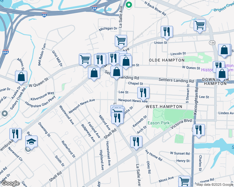 map of restaurants, bars, coffee shops, grocery stores, and more near 709 Lee Street in Hampton