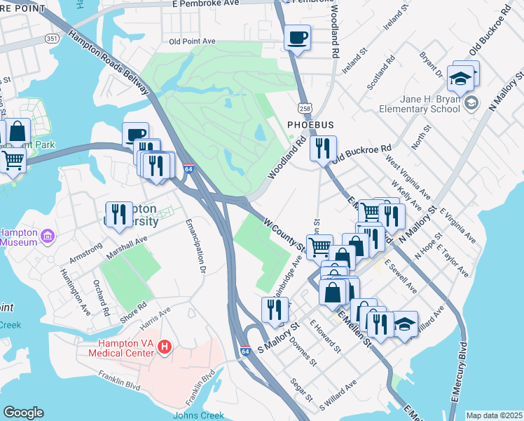 map of restaurants, bars, coffee shops, grocery stores, and more near 108 West County Street in Hampton