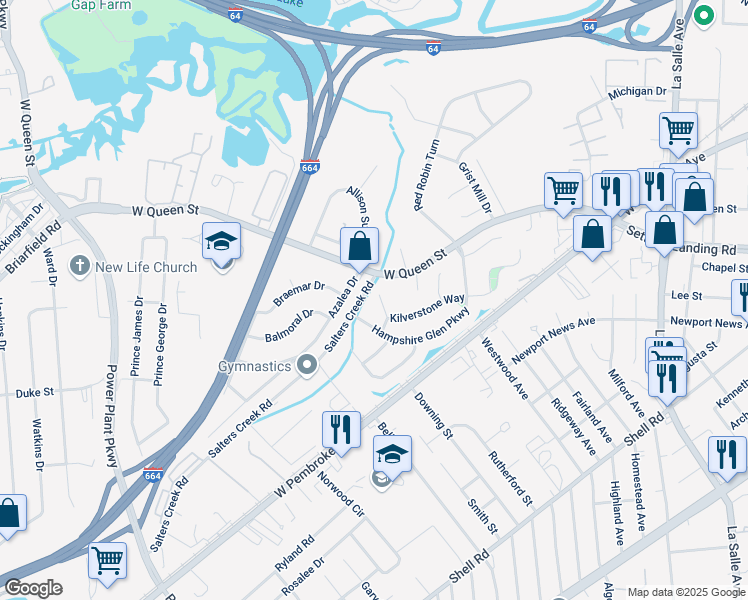 map of restaurants, bars, coffee shops, grocery stores, and more near 10 Dillingham Court in Hampton