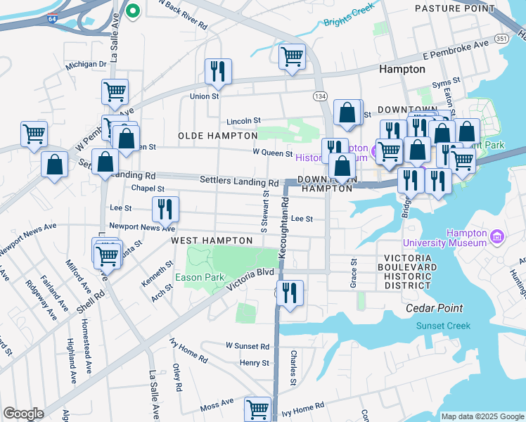 map of restaurants, bars, coffee shops, grocery stores, and more near 400 Lee Street in Hampton