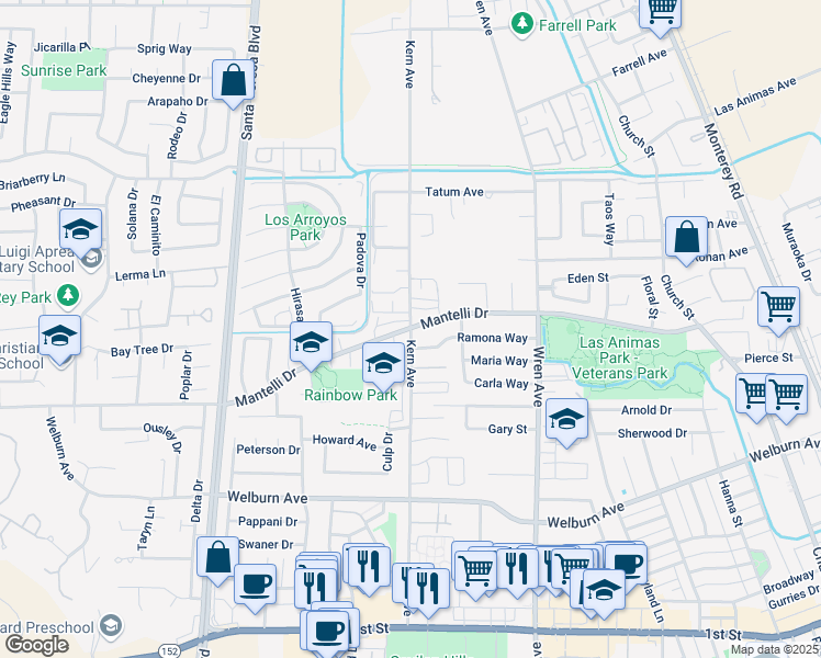 map of restaurants, bars, coffee shops, grocery stores, and more near Mantelli Dr & Kern Ave in Gilroy