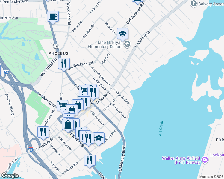 map of restaurants, bars, coffee shops, grocery stores, and more near 510 North Mallory Street in Hampton
