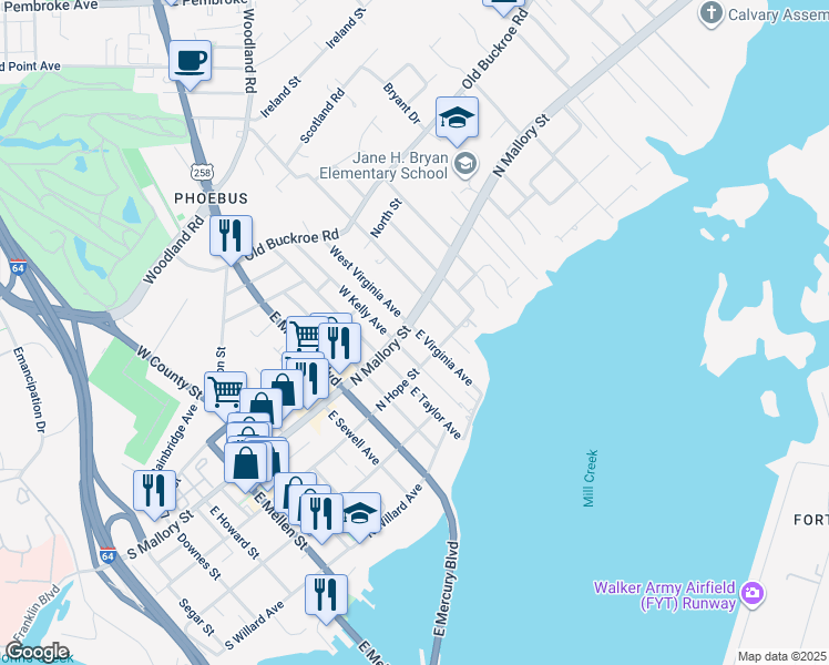 map of restaurants, bars, coffee shops, grocery stores, and more near 6 East Virginia Avenue in Hampton