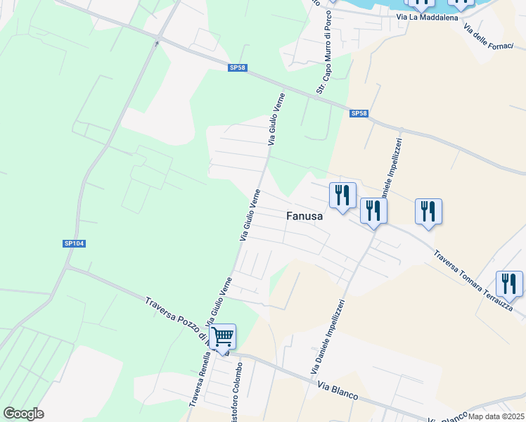 map of restaurants, bars, coffee shops, grocery stores, and more near 66 Via Olindo Marinelli in Fanusa