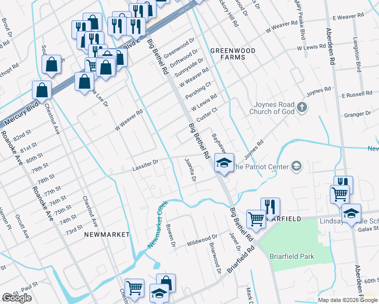 map of restaurants, bars, coffee shops, grocery stores, and more near 122 Lassiter Dr in Hampton