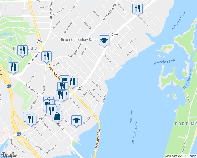 map of restaurants, bars, coffee shops, grocery stores, and more near 18A East Chamberlin Avenue in Hampton