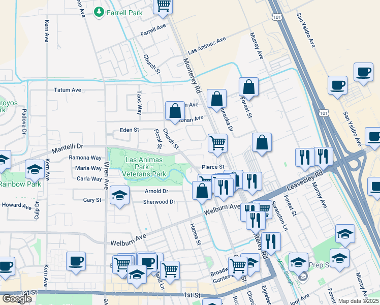 map of restaurants, bars, coffee shops, grocery stores, and more near 200 Lilly Avenue in Gilroy