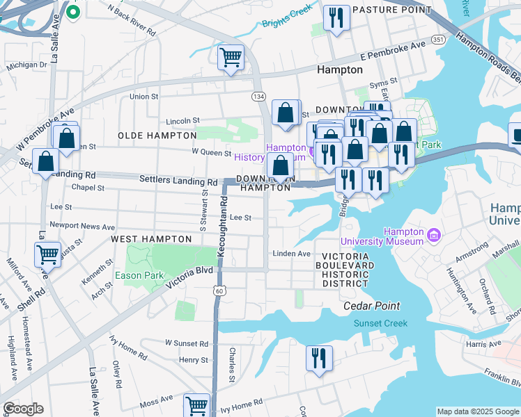 map of restaurants, bars, coffee shops, grocery stores, and more near 222 South Armistead Avenue in Hampton