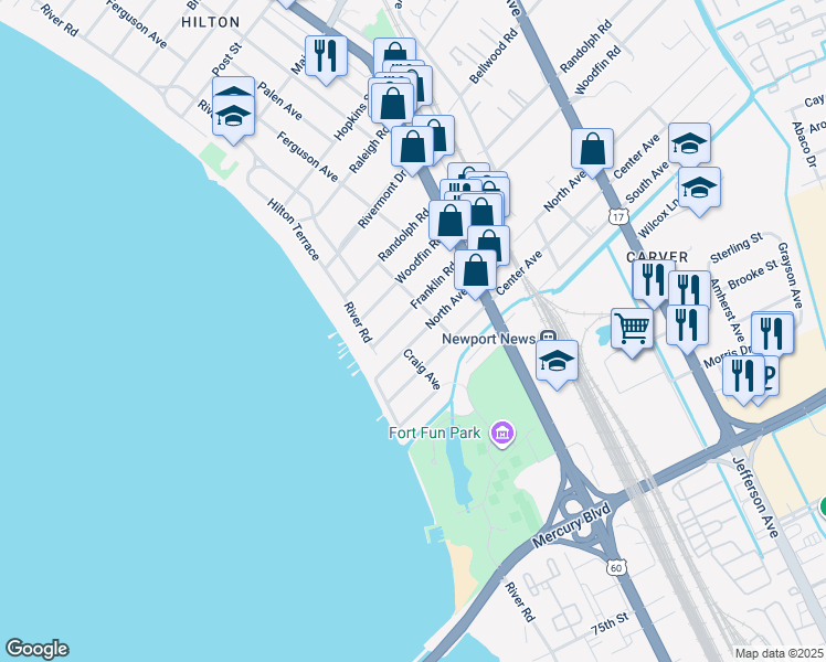 map of restaurants, bars, coffee shops, grocery stores, and more near Newport Avenue in Newport News
