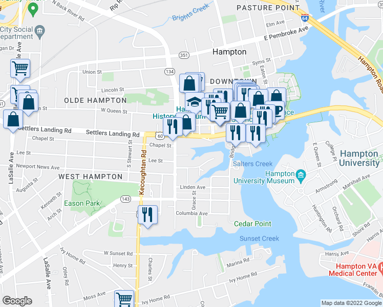 map of restaurants, bars, coffee shops, grocery stores, and more near 114 Whiting Street in Hampton