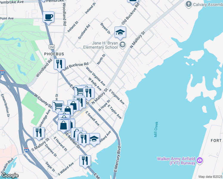 map of restaurants, bars, coffee shops, grocery stores, and more near 11 East Virginia Avenue in Hampton