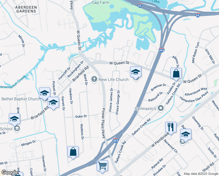 map of restaurants, bars, coffee shops, grocery stores, and more near 28 Prince James Drive in Hampton