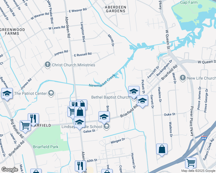 map of restaurants, bars, coffee shops, grocery stores, and more near 106 Briar Drive in Hampton