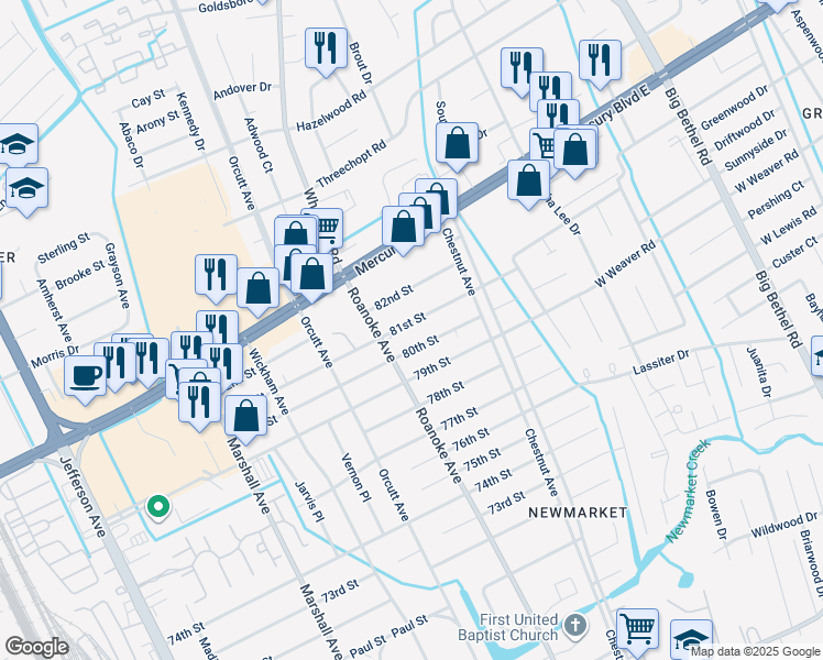 map of restaurants, bars, coffee shops, grocery stores, and more near 4823 81st Street in Newport News