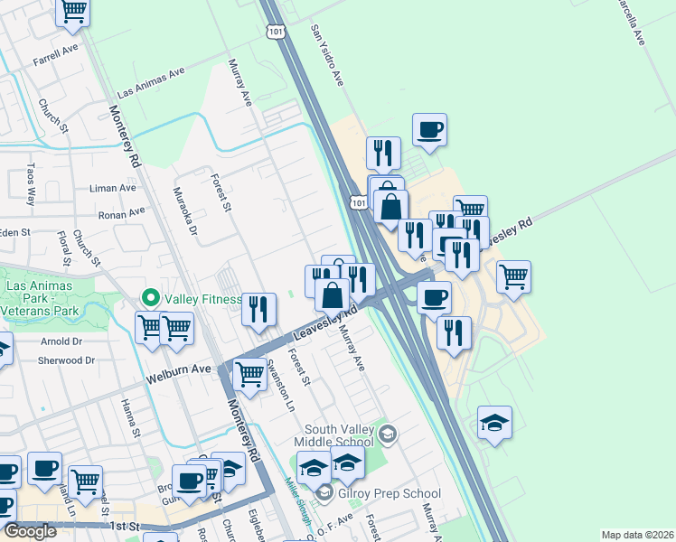 map of restaurants, bars, coffee shops, grocery stores, and more near 442 Willy Court in Gilroy