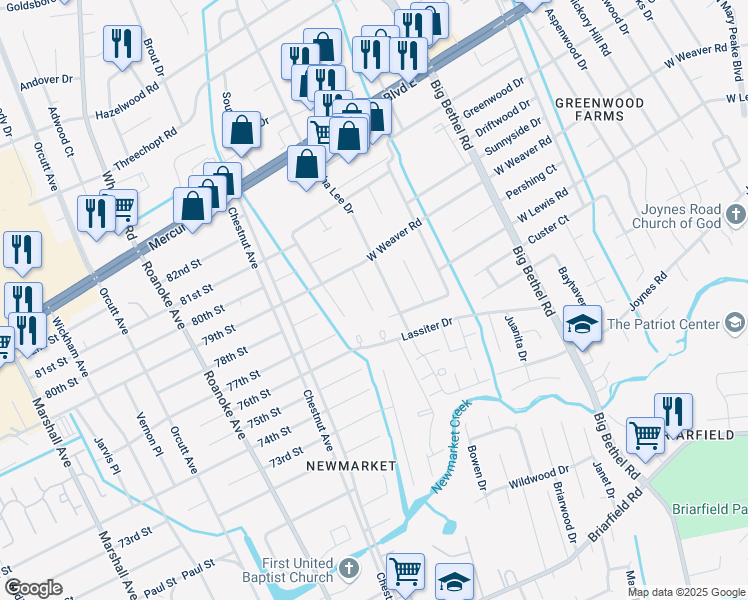 map of restaurants, bars, coffee shops, grocery stores, and more near 912 Monitor Court in Newport News