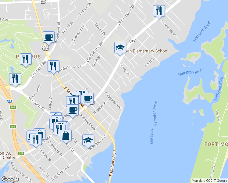 map of restaurants, bars, coffee shops, grocery stores, and more near 18A East Chamberlin Avenue in Hampton