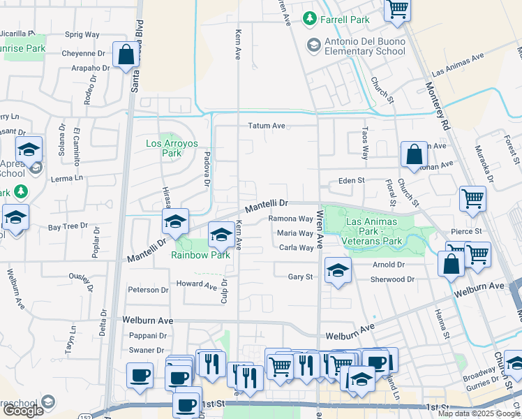 map of restaurants, bars, coffee shops, grocery stores, and more near 807 Ramona Way in Gilroy