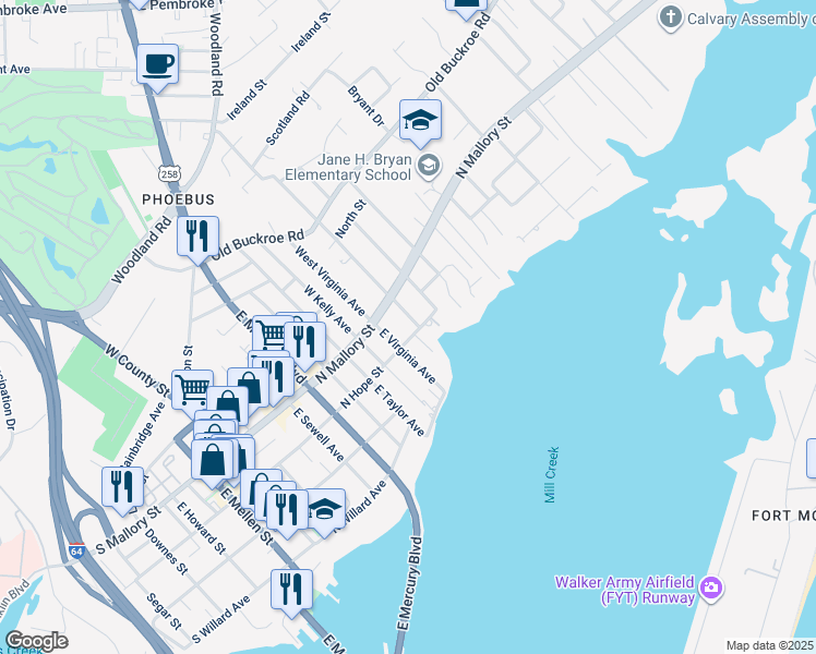 map of restaurants, bars, coffee shops, grocery stores, and more near 18A East Chamberlin Avenue in Hampton