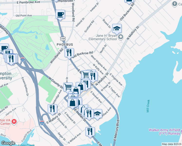 map of restaurants, bars, coffee shops, grocery stores, and more near 406 Libby Street in Hampton