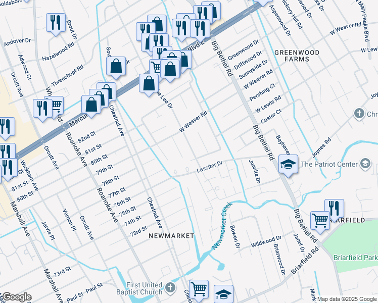 map of restaurants, bars, coffee shops, grocery stores, and more near 213 Martha Lee Drive in Hampton