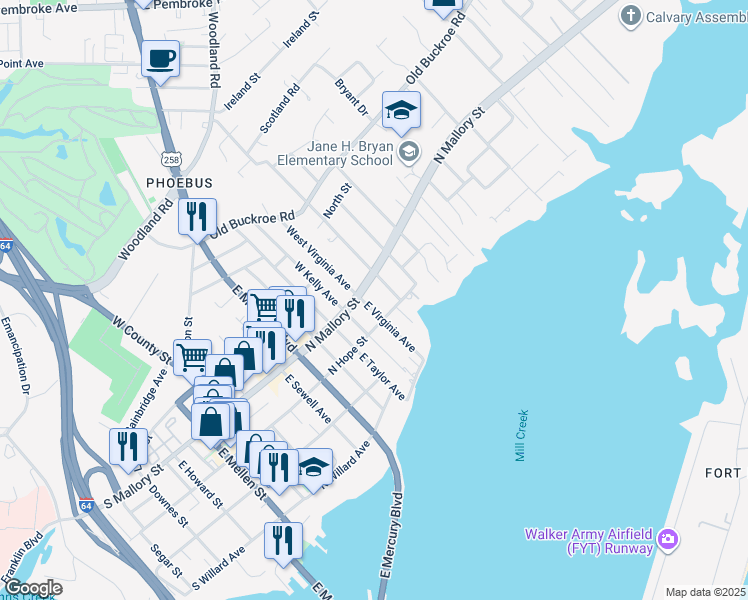 map of restaurants, bars, coffee shops, grocery stores, and more near 11 East Virginia Avenue in Hampton