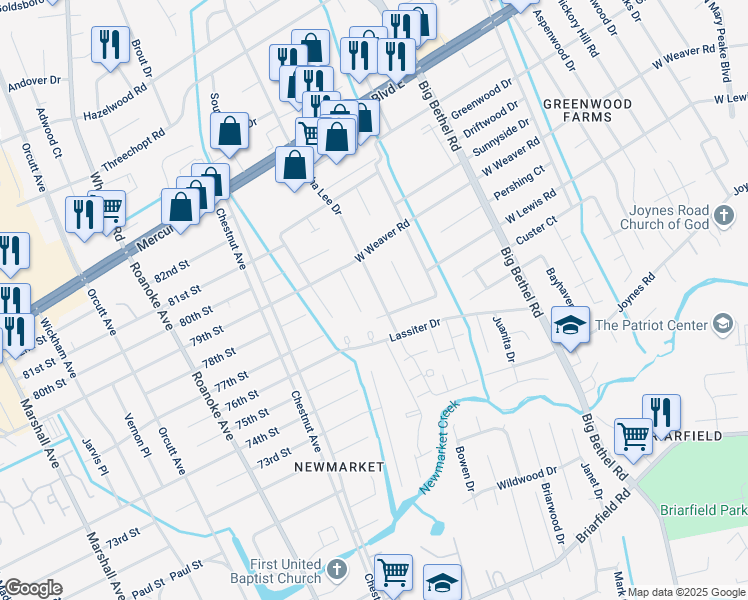 map of restaurants, bars, coffee shops, grocery stores, and more near 213 Martha Lee Drive in Hampton