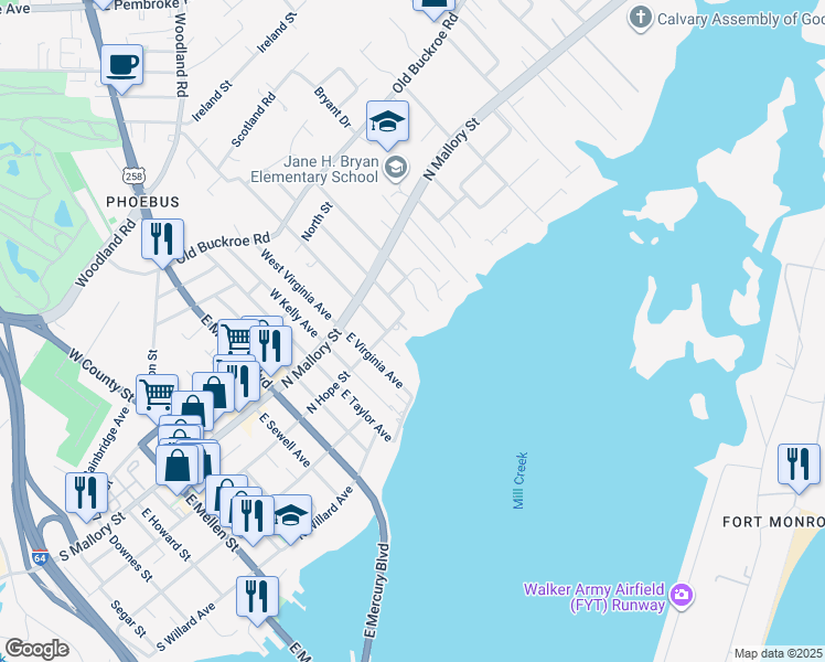 map of restaurants, bars, coffee shops, grocery stores, and more near 710 North Hope Street in Hampton