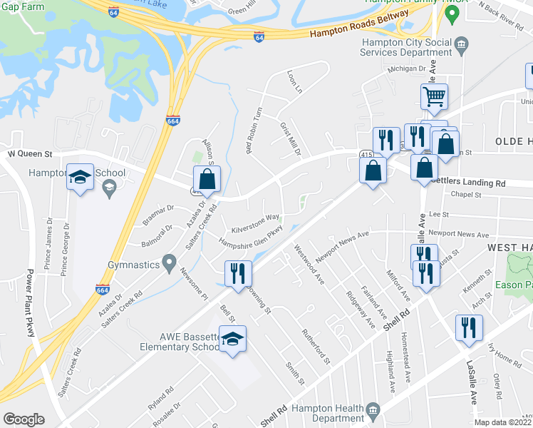 map of restaurants, bars, coffee shops, grocery stores, and more near 1 Hawkstone Cove in Hampton