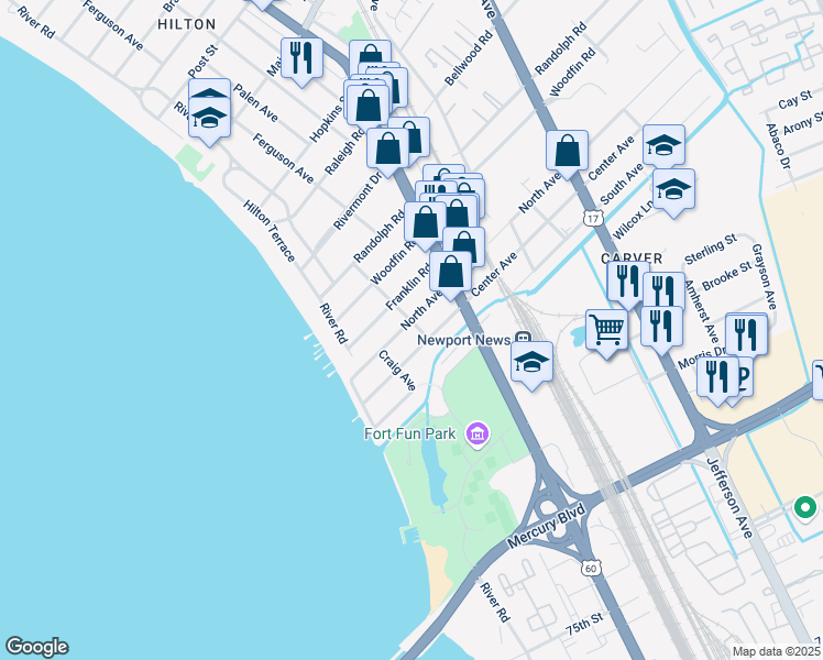 map of restaurants, bars, coffee shops, grocery stores, and more near 236 North Avenue in Newport News