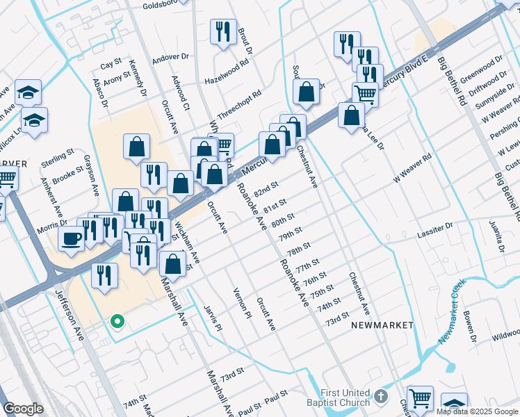 map of restaurants, bars, coffee shops, grocery stores, and more near 8100 Roanoke Avenue in Newport News