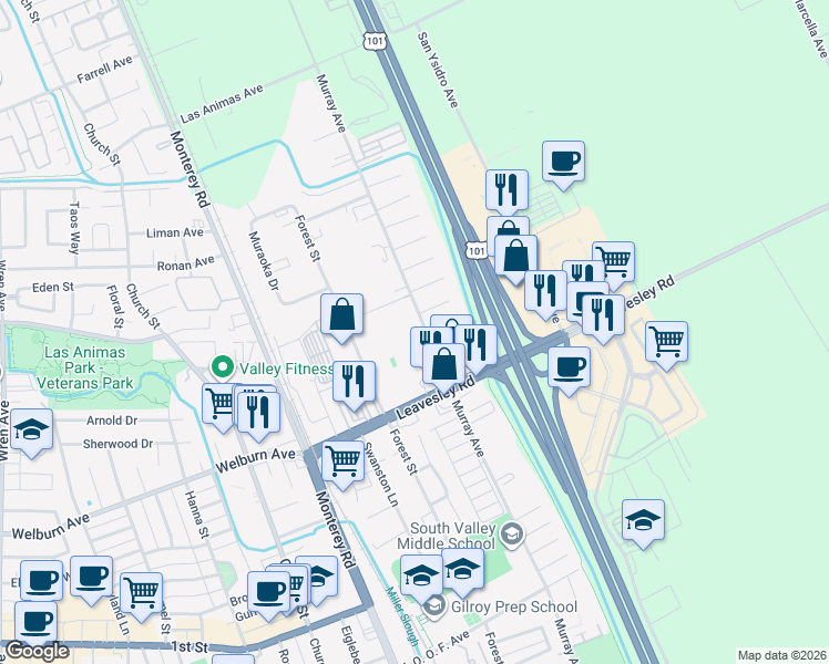 map of restaurants, bars, coffee shops, grocery stores, and more near in Gilroy