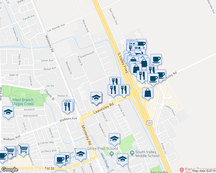 map of restaurants, bars, coffee shops, grocery stores, and more near 8495 Murray Avenue in Gilroy