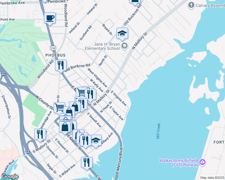 map of restaurants, bars, coffee shops, grocery stores, and more near 7 East Virginia Avenue in Hampton