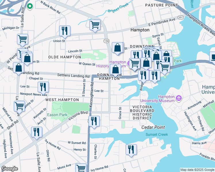map of restaurants, bars, coffee shops, grocery stores, and more near 218 South Armistead Avenue in Hampton